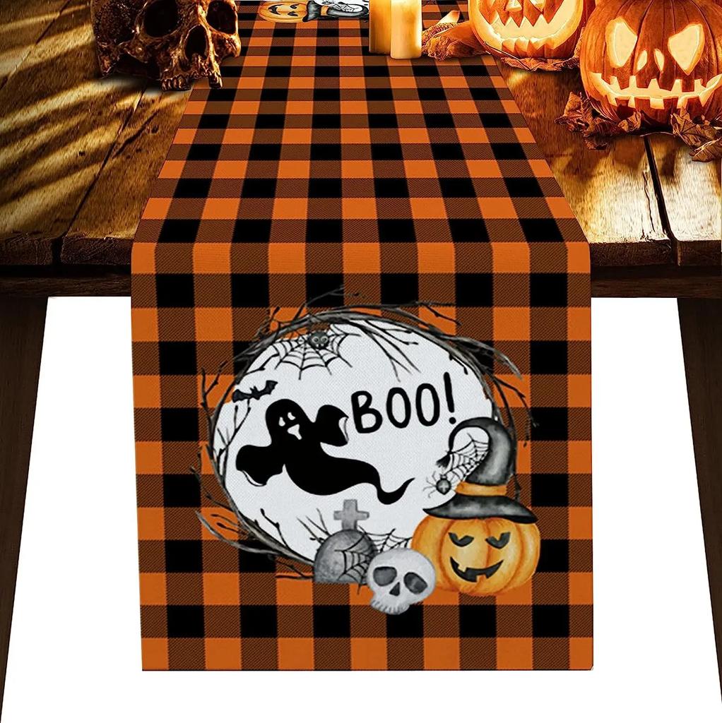 Linen Halloween Table Runner Pumpkin Spider Web Skull Dining Table Decoration Scary Table Cover For Halloween Dinner Party Decor