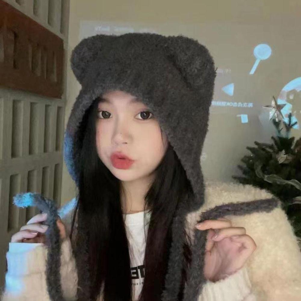Roztomilá čepice Bear Bear Harajuku Y2K Čepice Módní plyšová pletená čepice Bear Zimní