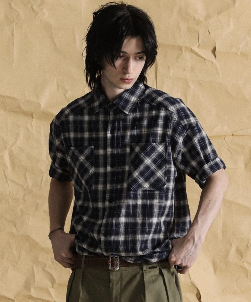 STAGE NAME Bridge Over Vintage Check Short Sleeve Shirt_Navy