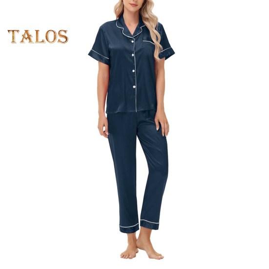 

Пижамный костюм из 2 предметов, однобортный, из атласа, шелка, большого размера, кардиган, рубашка с V-образным вырезом, воротник-стойка, однотонная рубашка, широкие свободные брюки, ночная рубашка XL темно-синий