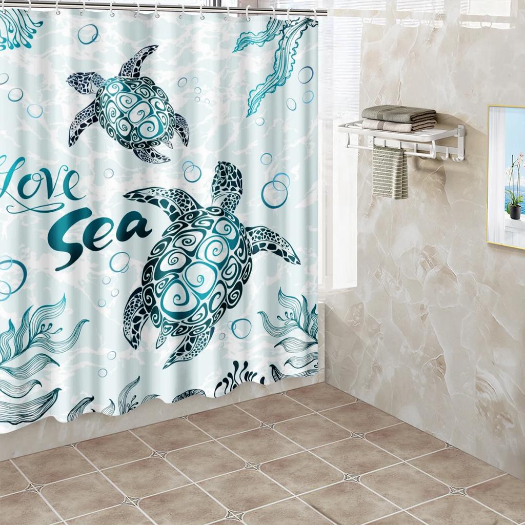 1Pc Turtle Bubbles Shower Curtain Bathroom Partition Decorative Curtain Machine Washable Sea Turtle Print Window Privacy Curtain