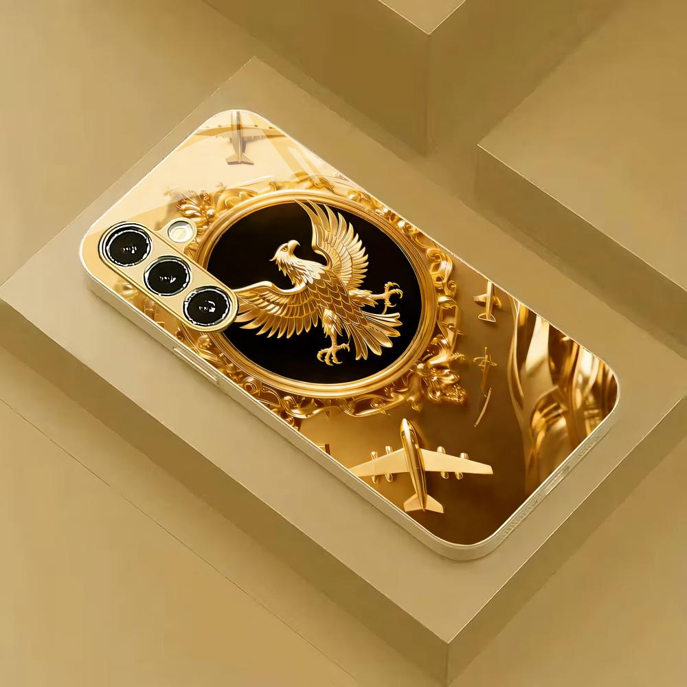 Zlatem pokovený skleněný kryt na telefon se vzorem orla vhodný pro Samsung Galaxy S26 S25 S24 S22 S21 S20 FE/Ultra/Plus proti otiskům prstů