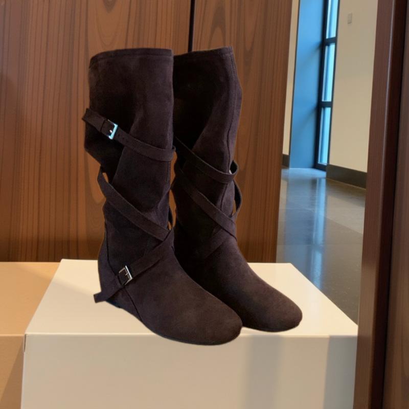 

Женские полусапоги с круглым носком, тонкие и высокие, новые на осень и зиму 2025 года, мягкие и модные, универсальные плиссированные сапоги-чулки с длинным голенищем 39 темно-коричневого