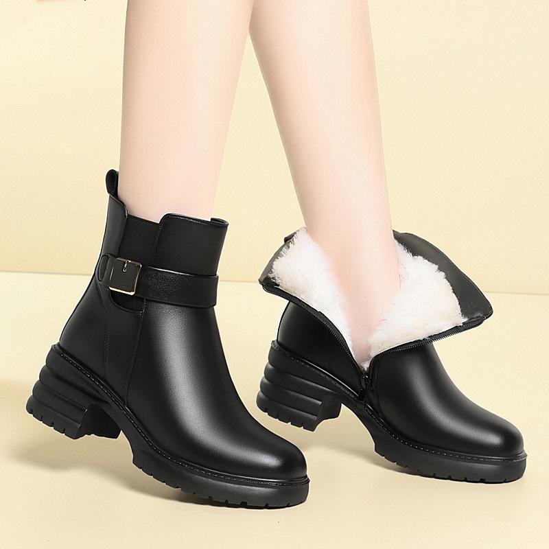 5cm Plus Size 35-43 Elegant Med Square Heels Genuine Leather Boots 2025 Winter Platform Shoes Warm Short Wool Ankle Boots Office