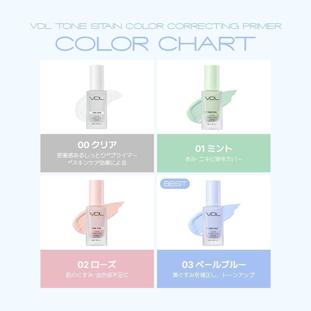 VDL Tone Stain Color Correcting Primer 00 Highly Dewy Prevents Makeup from Korean Trial Size 13ml Clear, Moisturizing, Skin, Long-Lasting, Smudging,