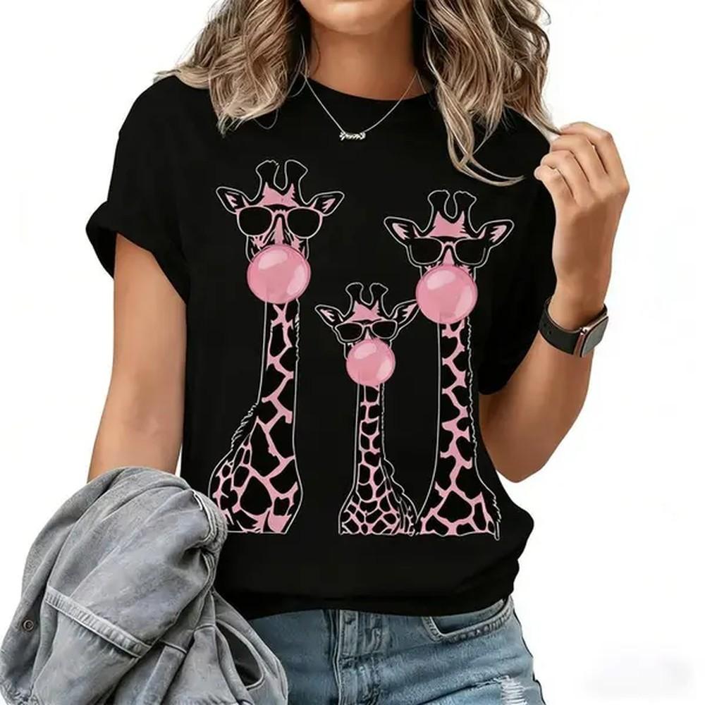 Women's Giraffe Print Round Neck Tee, Fashion Casual Crew Neck T-Shirt for Daily Holiday Vacation Outdoor Wear, Ladies Clothes for Summer