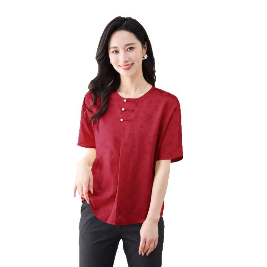 Light Silk Short-sleeved T-shirt Women's  New Crew Neck Shirt Loose Mulberry Silk Top