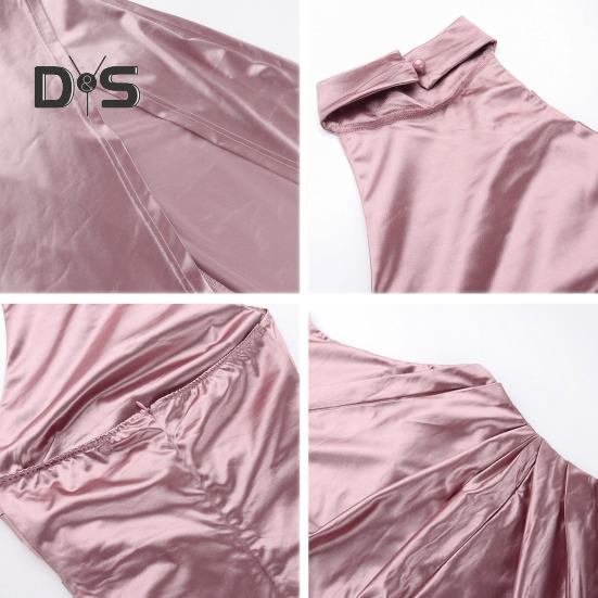 Women Ball Gown Stand Collar Halter Neck Off Shoulder Sleeveless Satin Evening Dress Slim Fit Pleated Solid Color High Slit Floor Length Maxi Dress