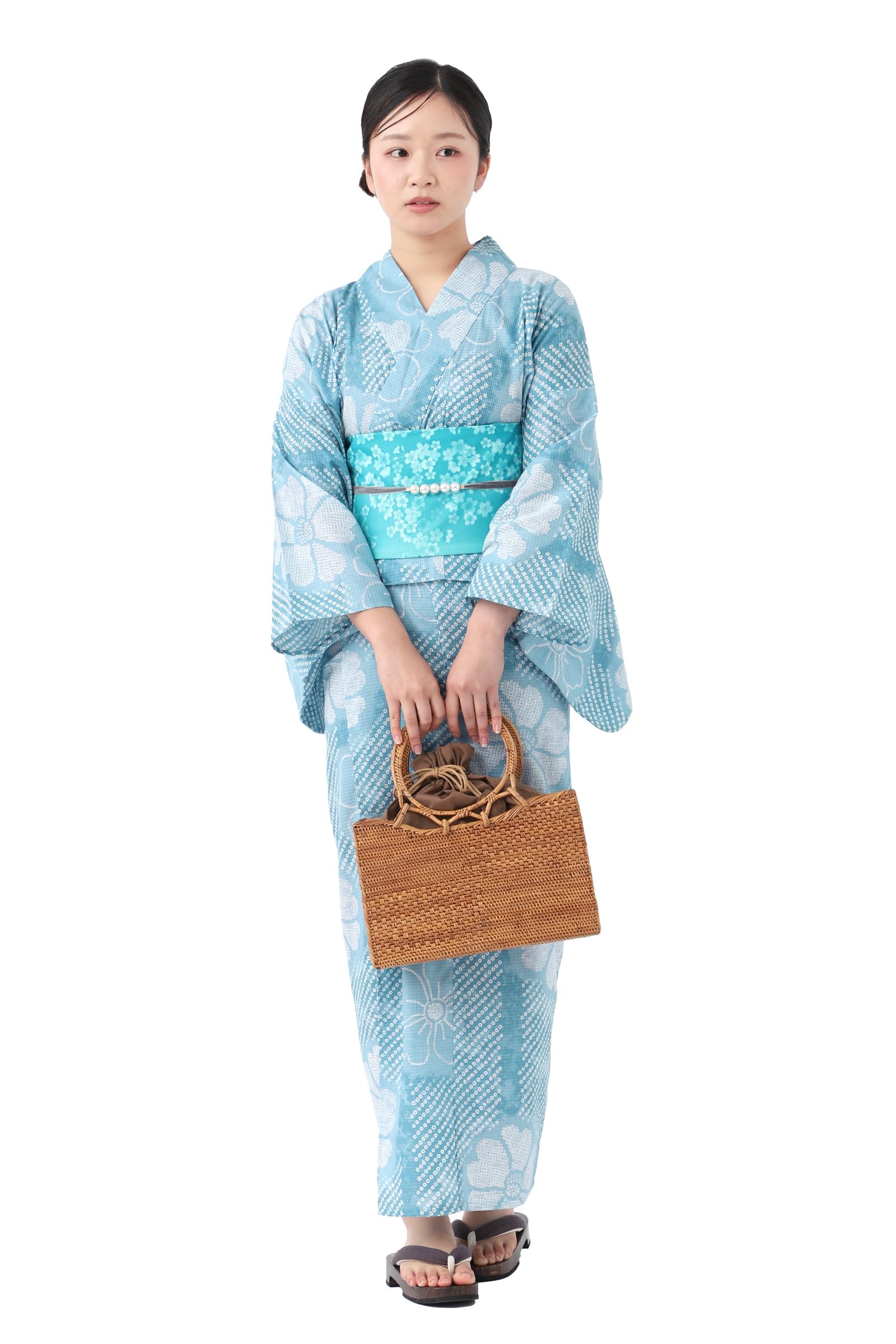 

[Tayutafu] Двухсоставное Юката, Набор из 3 предметов: Оби, Сандалии Гэта, Цветочный узор, Легко надевать, Раздельный комплект из двух предметов (Пастельный узор с камелиями в стиле Шибори,