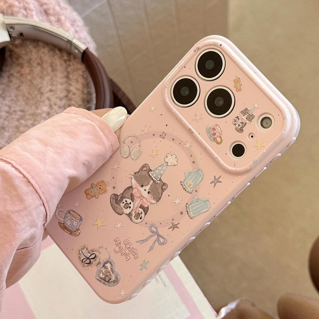 Magnetic Stand Cartoon Fluffy Kitten Soft Phone Case for iPhone 17 Pro Max