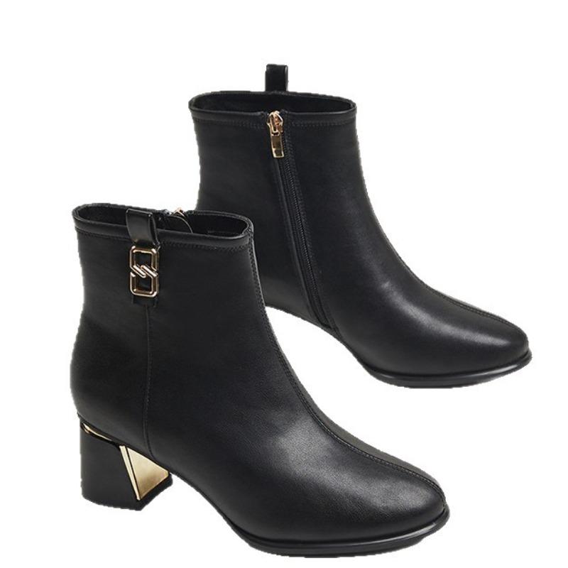 Short Boots - Women's Thick-soled Leather Boots with High Heels, New Style, Side Zipper Shoes