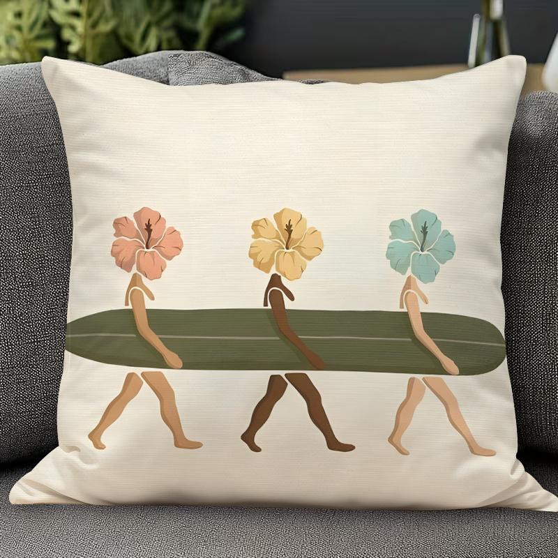 1pc Surfer Abstract Decorative Pillow Cover, Short Plush Single-Sided Print, Bohemian Tropical Vacation Style, Gift for Surfing Enthusiasts, Modern Mi