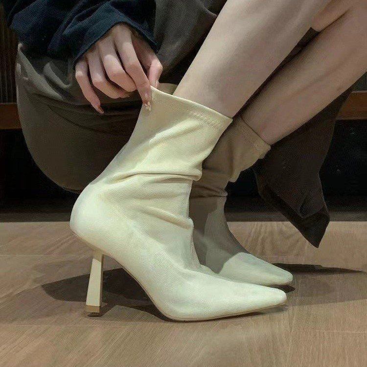 2025 autumn and winter new socks boots pointed thin heel beige Internet celebrity thin boots high heel thin elastic short boots women