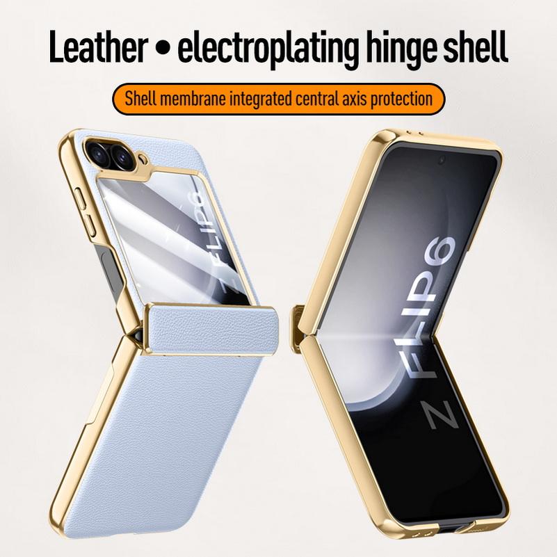 Electroplate Spring Hinged Plain Leather Tempered Glass Protect Case For Samsung Z Flip 6 5 Galaxy Z Flip6 5 All-inclusive Cover