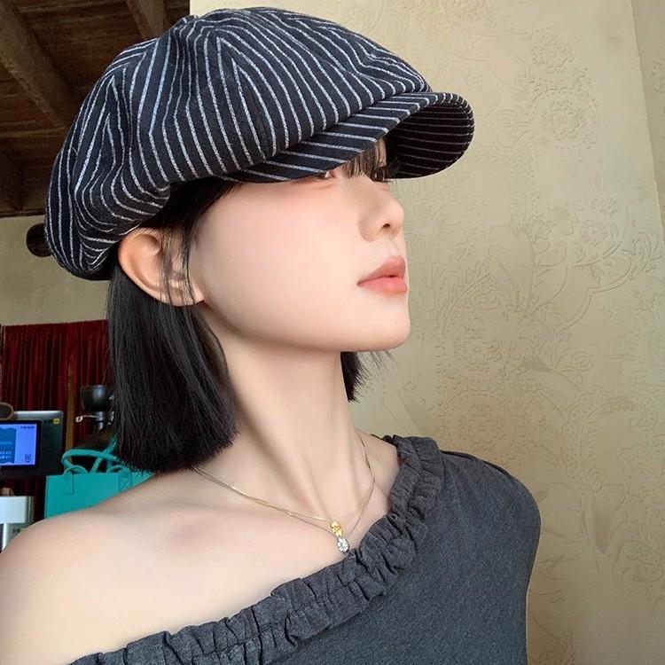 Ladies  Summer Breathable Thin Striped Cotton-Linen Beret One Size чёрный