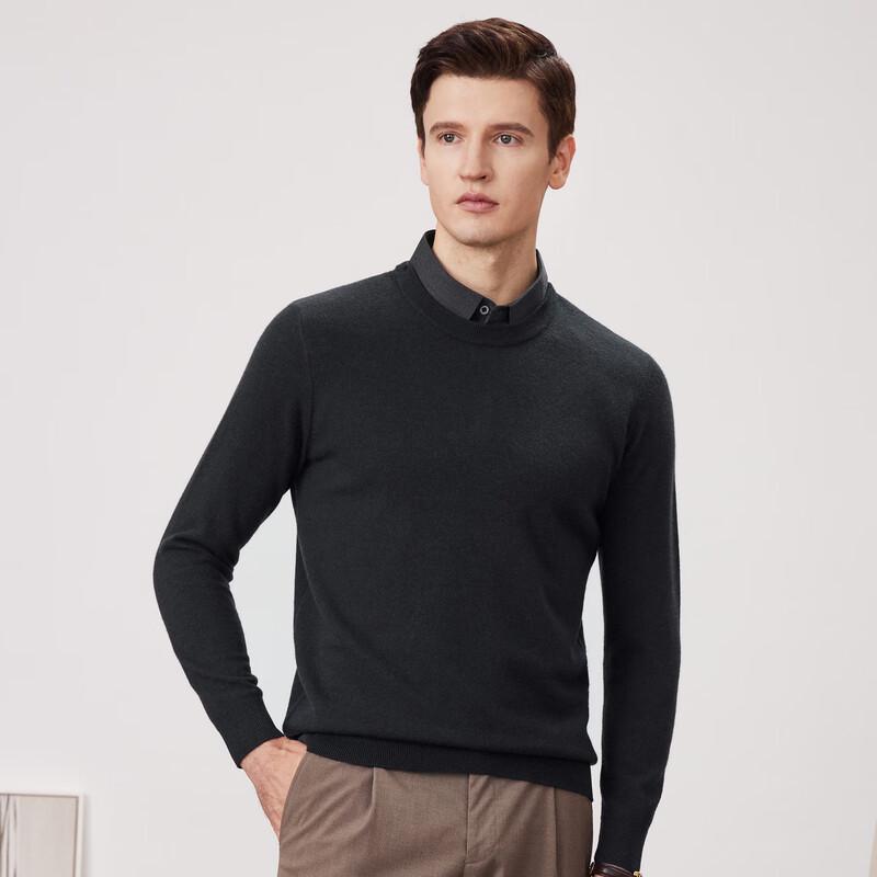 FIRS Men's 100% Merino Wool Faux Two-Piece Round Neck Sweater