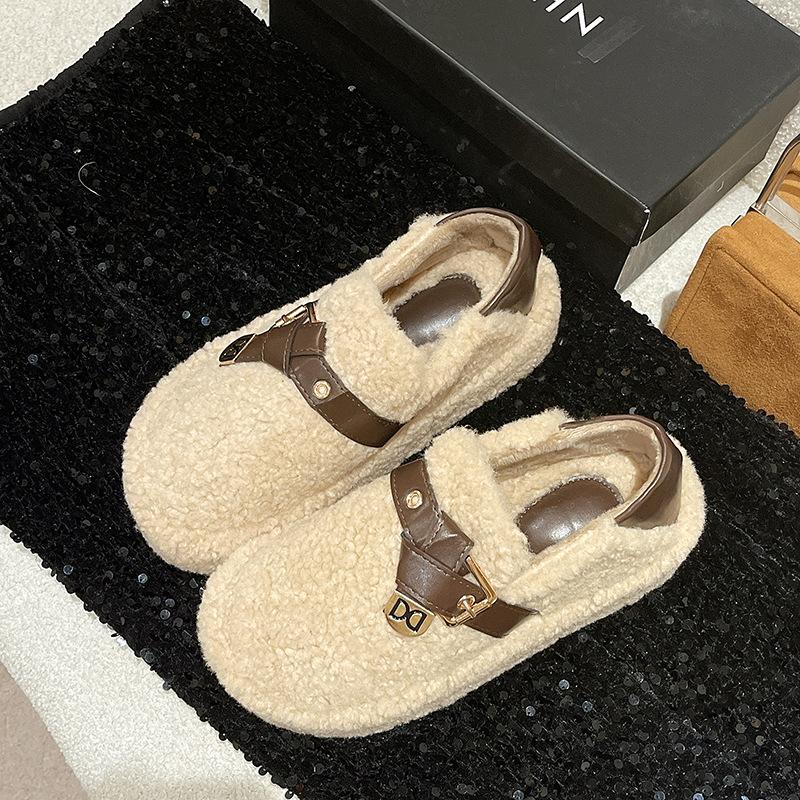 Winter 2025 new suede round head rubber artificial short plush bag heel plush cotton shoes women's cotton slippers thickened