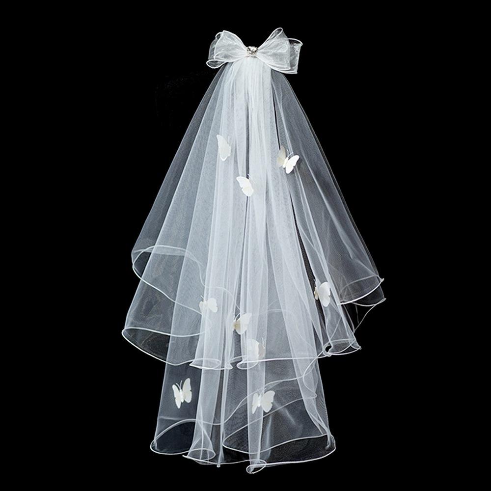 New Double Layer Bridal Veil Lace Edge White Women's Tulle Bow Puffy Photo Veil for Wedding Party