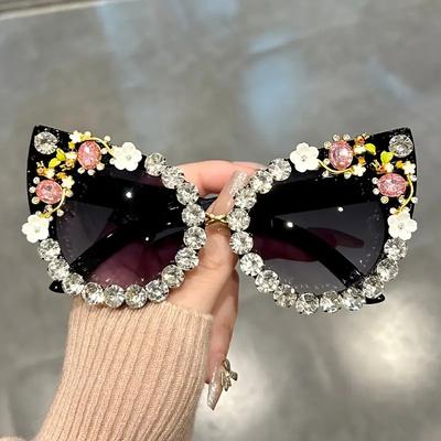 Hochwertige Premium Strassstein Blumen Sonnenbrille Cat Eye Farbverlauf Dekorative Gläser Requisiten für Kostümparty Abschlussball