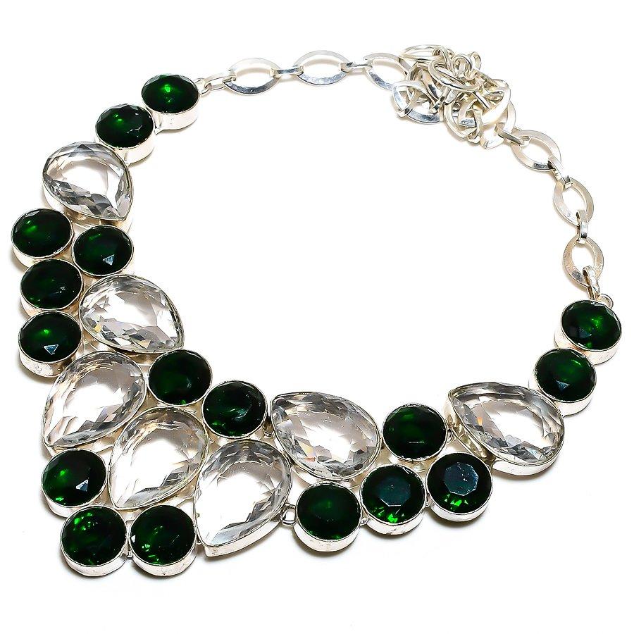 Chrome Diopside, White Topaz 925 Sterling Silver Jewelry Necklace 18" SU-9789