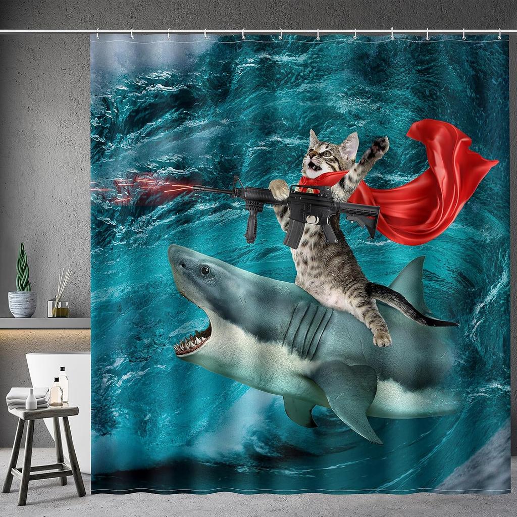 Funny Cat Shower Curtains Cute Cat Riding Whale Shark Fantasy Jellyfish Fun Shower Curtain Set with Kids Bathroom