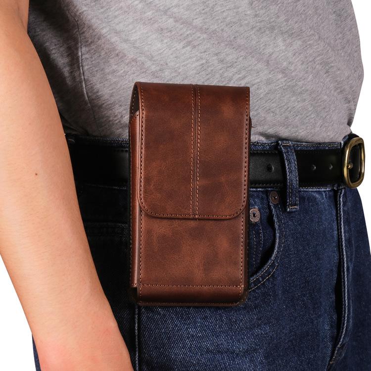 Vertical Smartphone Leather Waist Pack with Card Slots & Belt Buckle - Men's Trendy Multi-functional Crossbody for Elderly.
