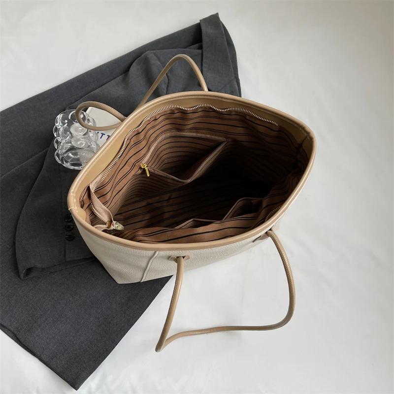 Classic Solid Color PU Shoulder Casual Large Capacity Tote New Fashion Feminine Retro Simple Shoulder Bag