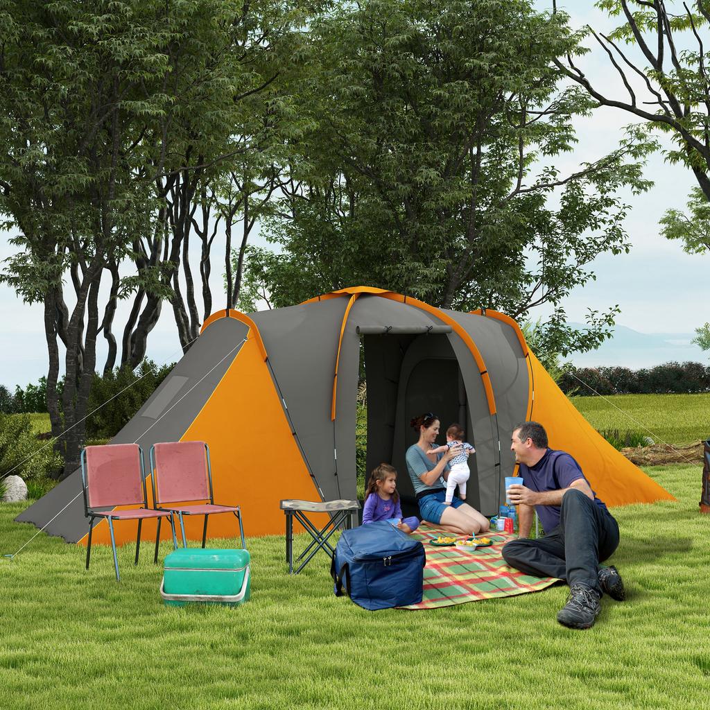 Großes Campingzelt Tunnelzelt mit 2 Schlafzimmern und Wohnbereich, 2000mm Wasserdicht, Tragbar mit Tasche für 4 Personen, Orange