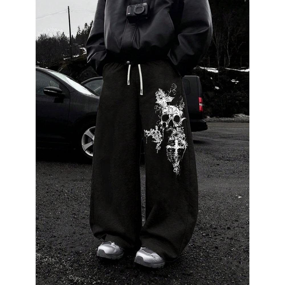 Gothic Dark Skeleton Cross Printed Wide Leg Athletic Pants Street Men's Fashion Neutral Casual Straight Leg Pants