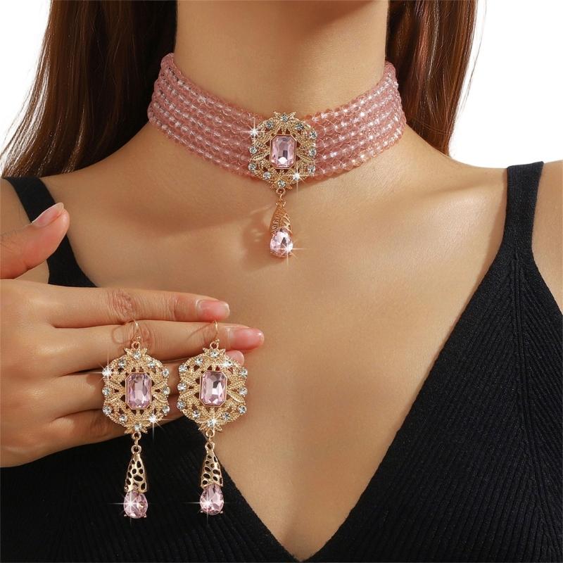 Stylish Layer Rhinestones Waterfall Necklace With Matching Earrings Jewelry Set