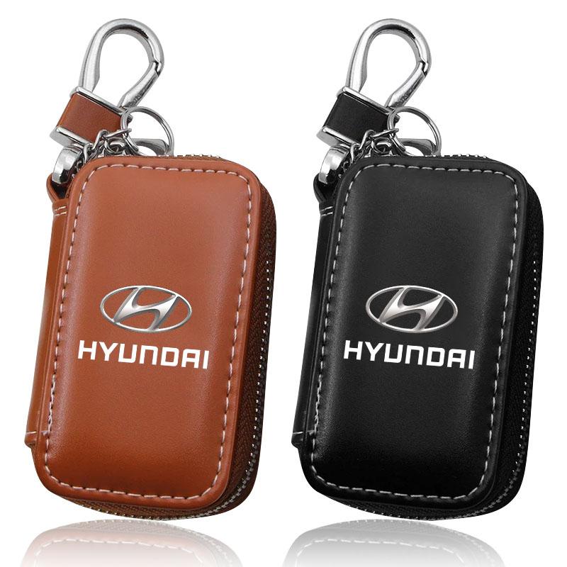 1Pcs Leather Emblem Car Key Case Keychain Zipper Key Case Bag For Hyundai Tucson 2021 Accent I10 I20 Kona Getz Solaris I30 Creta