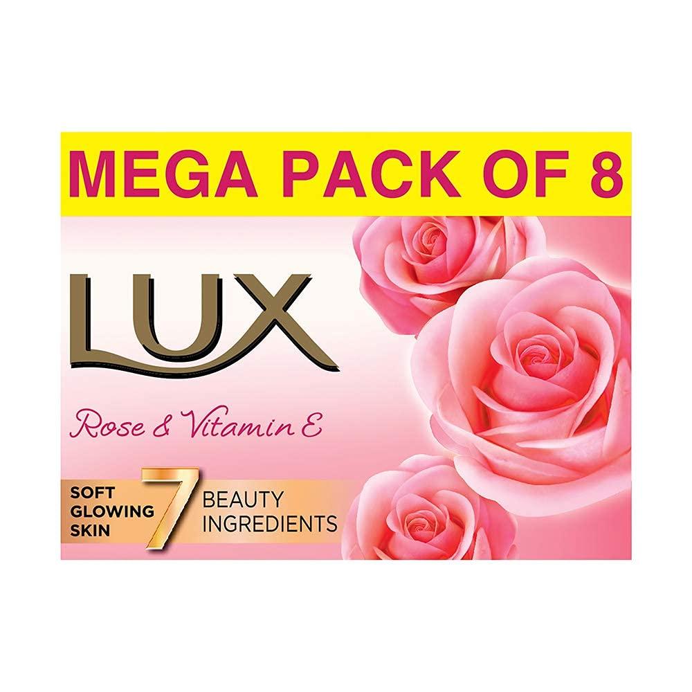 Lux Radiant Glow Beauty Soap Bar With Rose Vitamin C And E For Superior Glow Pack Of 8 X 150g For Face And Body Moisturizing