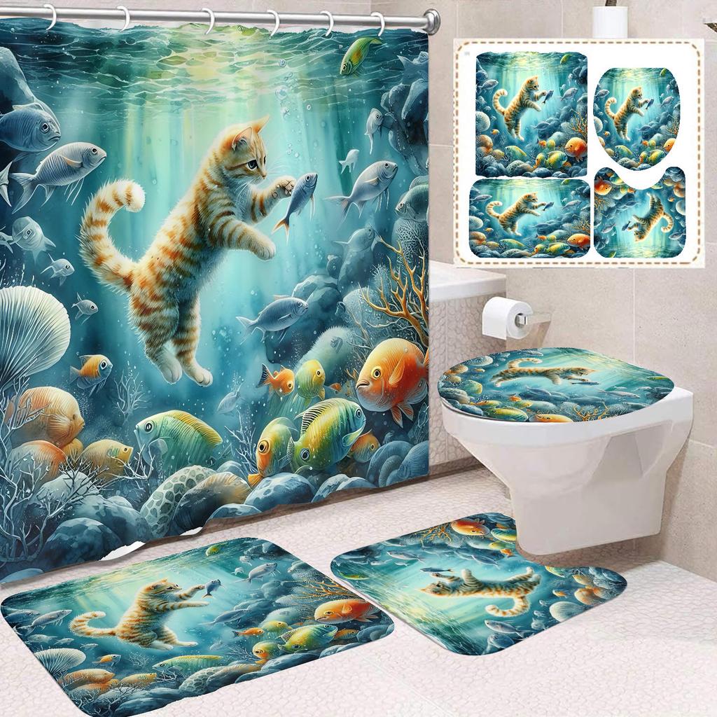 31Style 4Pcs Funny Shower Curtains Bathroom Curtain With Hooks Decor Waterproof Cat Dog 3d Bath 180*180cm Creative Personality Shower Curtain