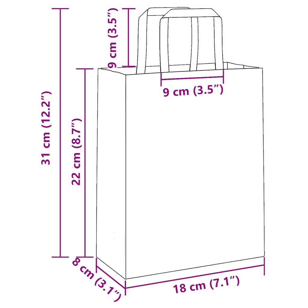 Paper Carrier Bags 250 Pcs with Handles White 18 X 8 X 22 Cm
