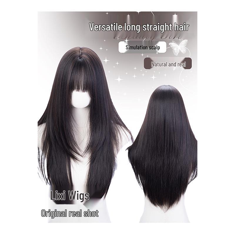 Long Straight Black Tea Lolita Wig for Women with Full Bangs and Natural Scalp