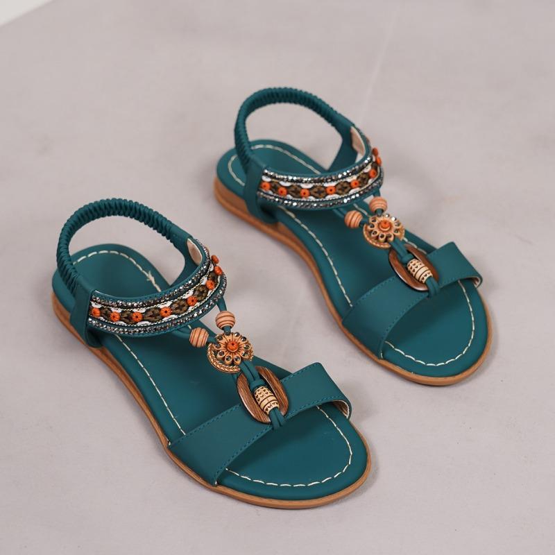 Women's New Plus Size Flat Floral Rhinestone Sandals Peep Toe Over Beach Sandals