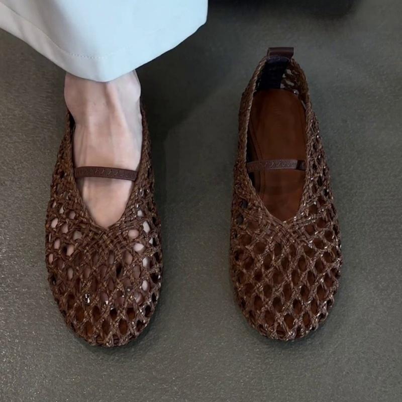 Fashion Mary Jane Women's Shoes 2025 Summer New Fashion Hollow Sandals Trend Soft Single Flat Shoes Roman Style Weave Women Flat Sandals