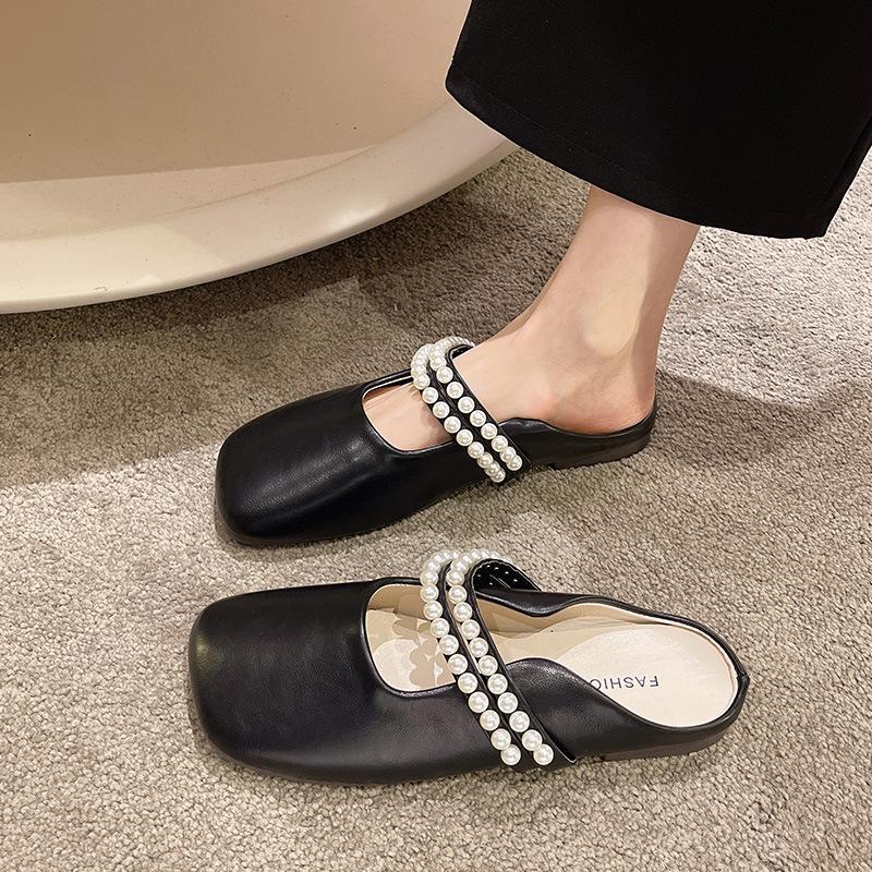 Baotou half slippers women's spring and summer outer wear 2025 new Internet celebrity pearl bow soft bottom fairy wind sandals