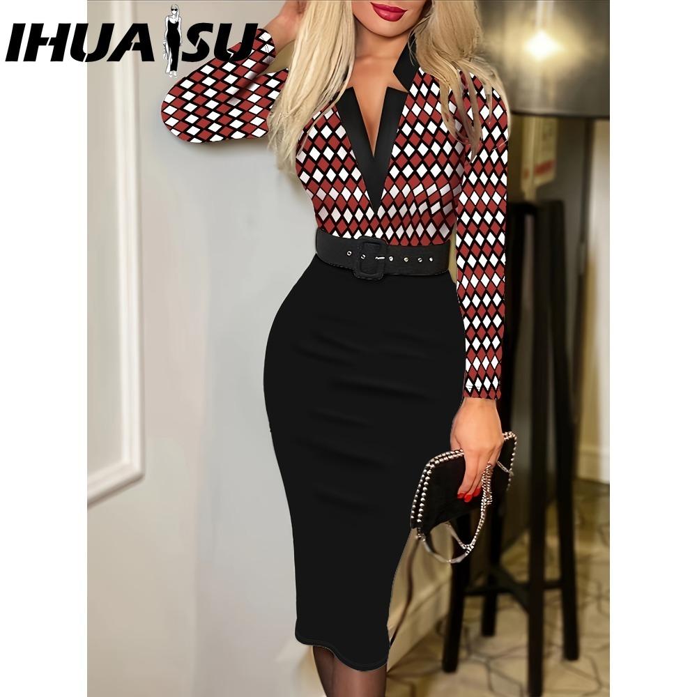 

IHUASU Женская мода Весна Осень Длинный рукав V-образный вырез Завышенная талия Повседневные платья XXXL