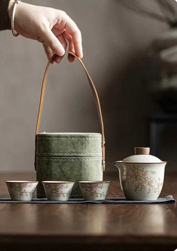 Mihuang Ru Kiln Quick Cup Powder Peach Spring Three Cups Square Package Ceramic Travel Kung Fu Tea Set Portable