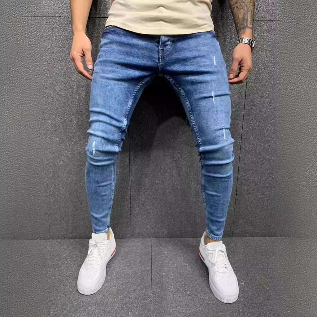 Men'S Ripped And Worn Elastic Jeans With Small Feet