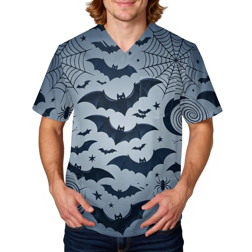 Men's Halloween Print Medical Scrub Top V Neck Pocket Design Comfortable Fit Daily Workwear for Healthcare Professionals