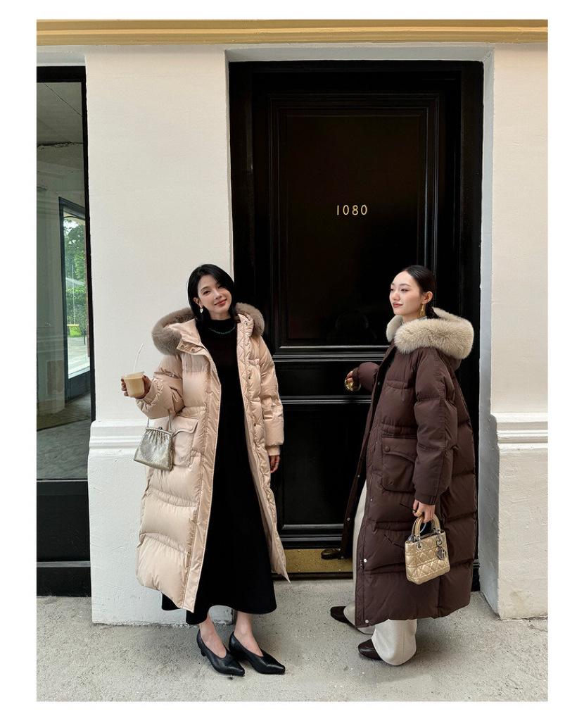 Longue Doudoune à Capuche pour Femme avec Fourrure de Renard Véritable, 90% Duvet de Canard Blanc, Longueur au-Dessus du Genou, Épaisse et Chaude