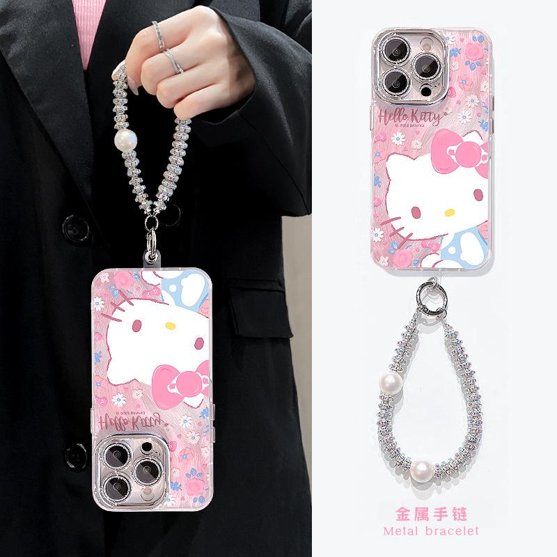 Floral cat bracket bracelet is suitable for Apple 16promax mobile phone case 13 feather lens film 14 cute cartoon