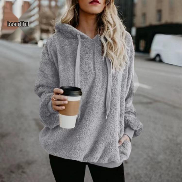 European & American Style Women's Hooded Fleece Sweatshirt Jacket