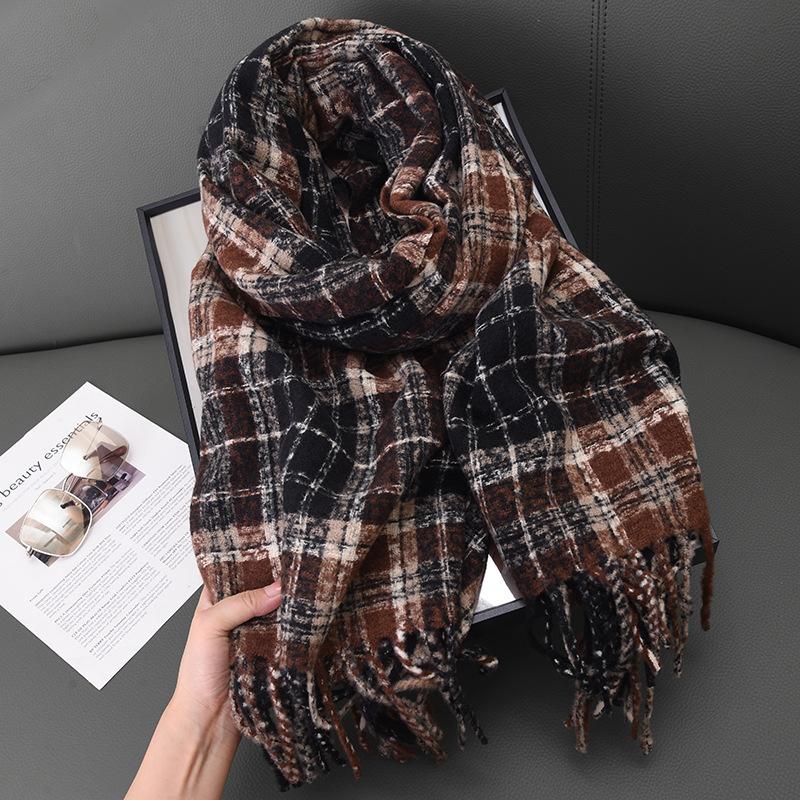 Cashmere Plaid Thickened Female Atmosphere Warm Autumn And Winter White Soft Fringed Shawl Scarf