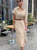 Elegant High Waist Sleeveless Cotton Linen Summer Dress with Turn-Down Collar