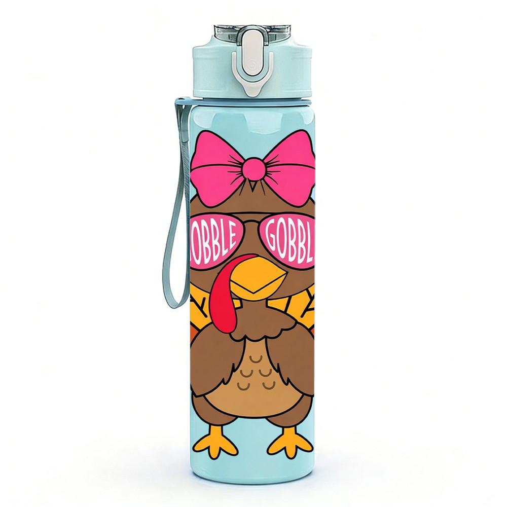 1PC Thanksgiving Turkey Fall Cartoon Print 750ml Color Plastic Sports Water Bottle Leakproof Flip Straw Lid Suitable for Sports Office Home Use