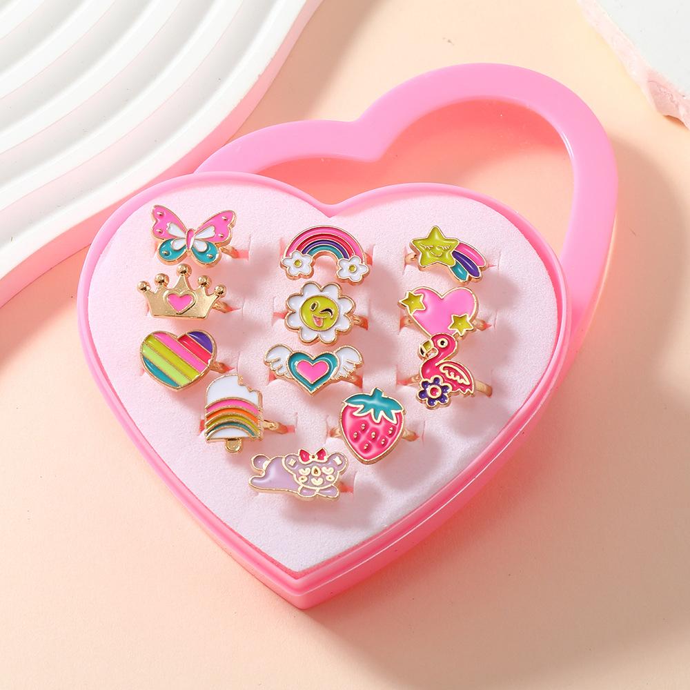 

12Pcs Cartoon children s ring finger ring - cute clasp rings with heart-shaped gift box packaging