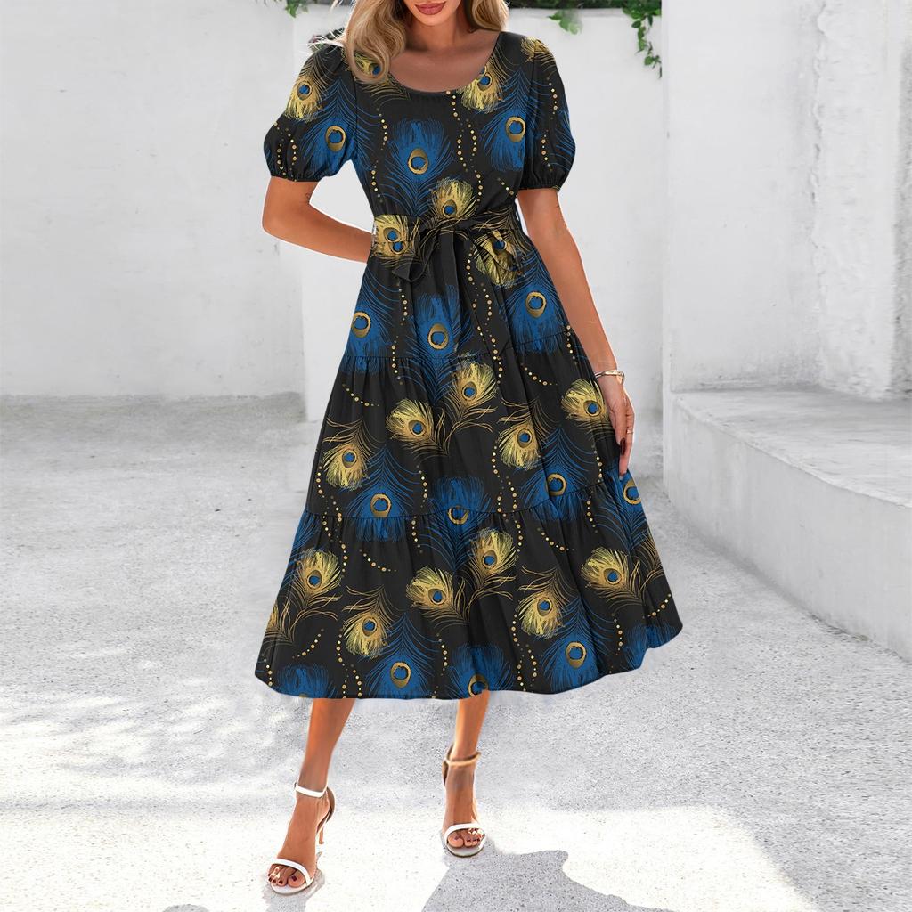 Women's Summer Short Sleeve Round Neck Waistband Bohemian Flowy Layered Maxi Dress With Pockets